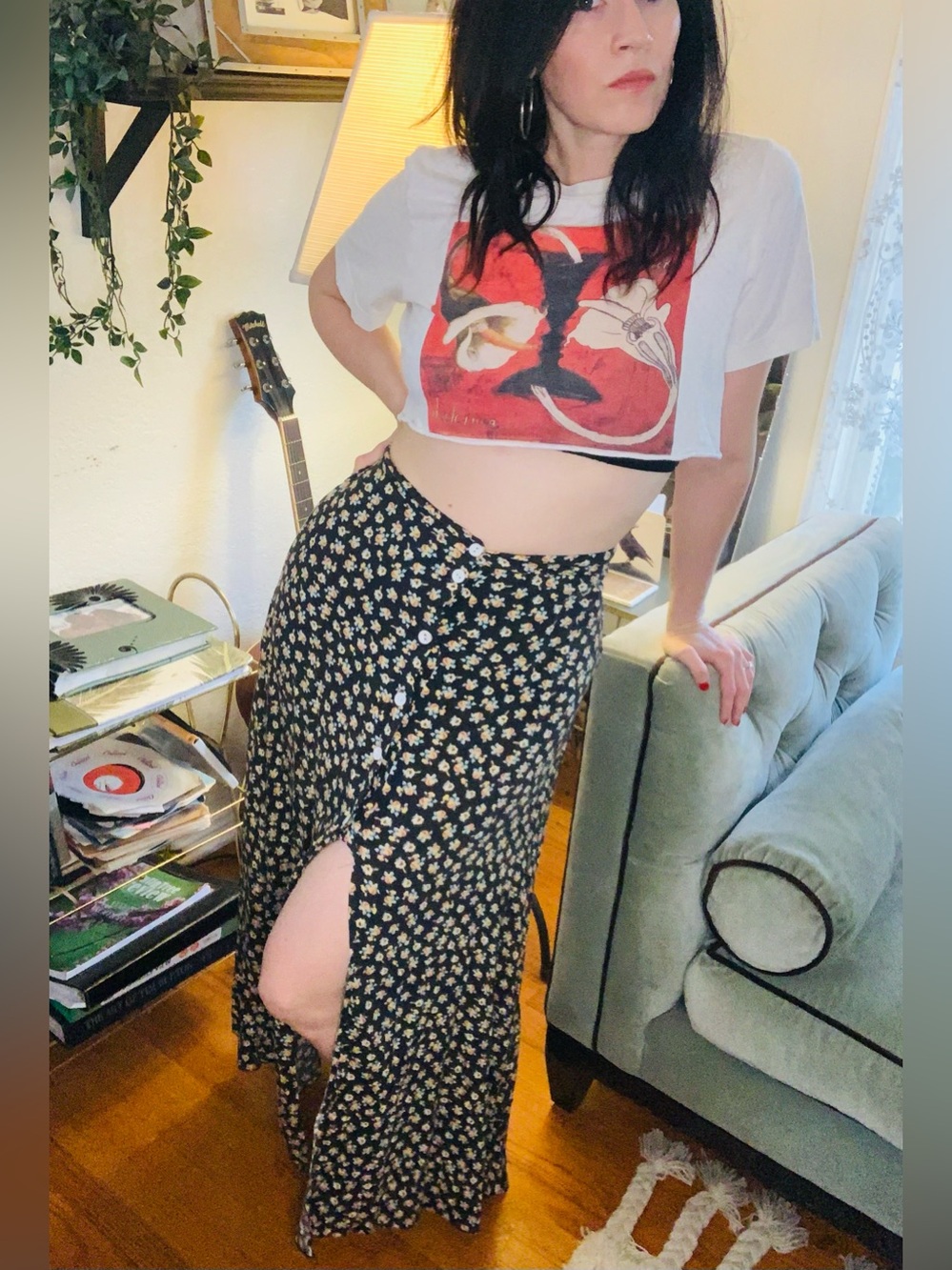 ASOS Black Floral Maxi Skirt with Button Front and Side Slit